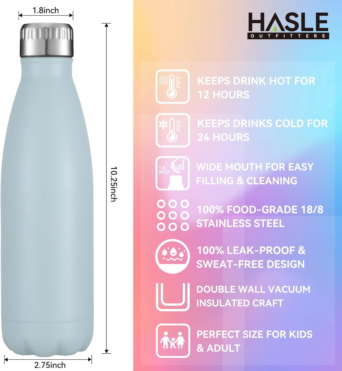 HASLE OUTFITTERS 17oz Stainless Steel Water Bottles, Vacuum Insulated Water Bottles Double Walled
