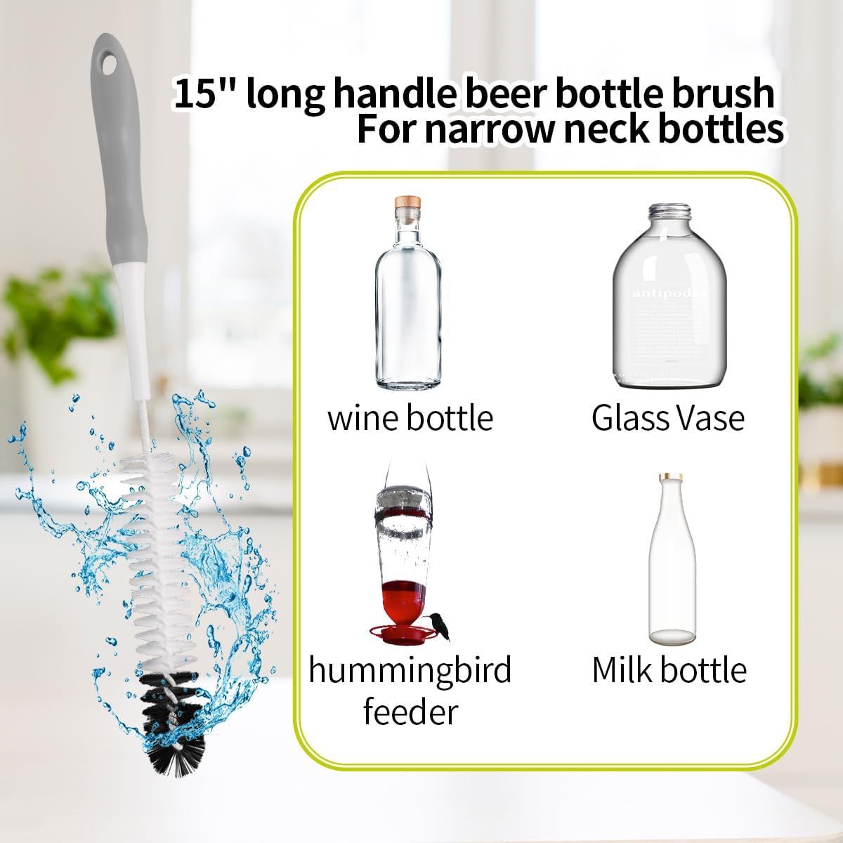 Bottle Cleaner Brush Set - Long Handle Bottle Brushes for Cleaning Narrow Neck Bottles, Beer, Wine