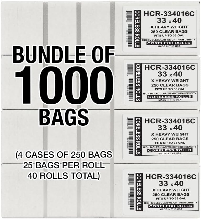 Aluf Plastics High Density Trash Bags, 33 Gallon, 1000 Count, 16 Micron (eq), 33" x 40", Clear, for