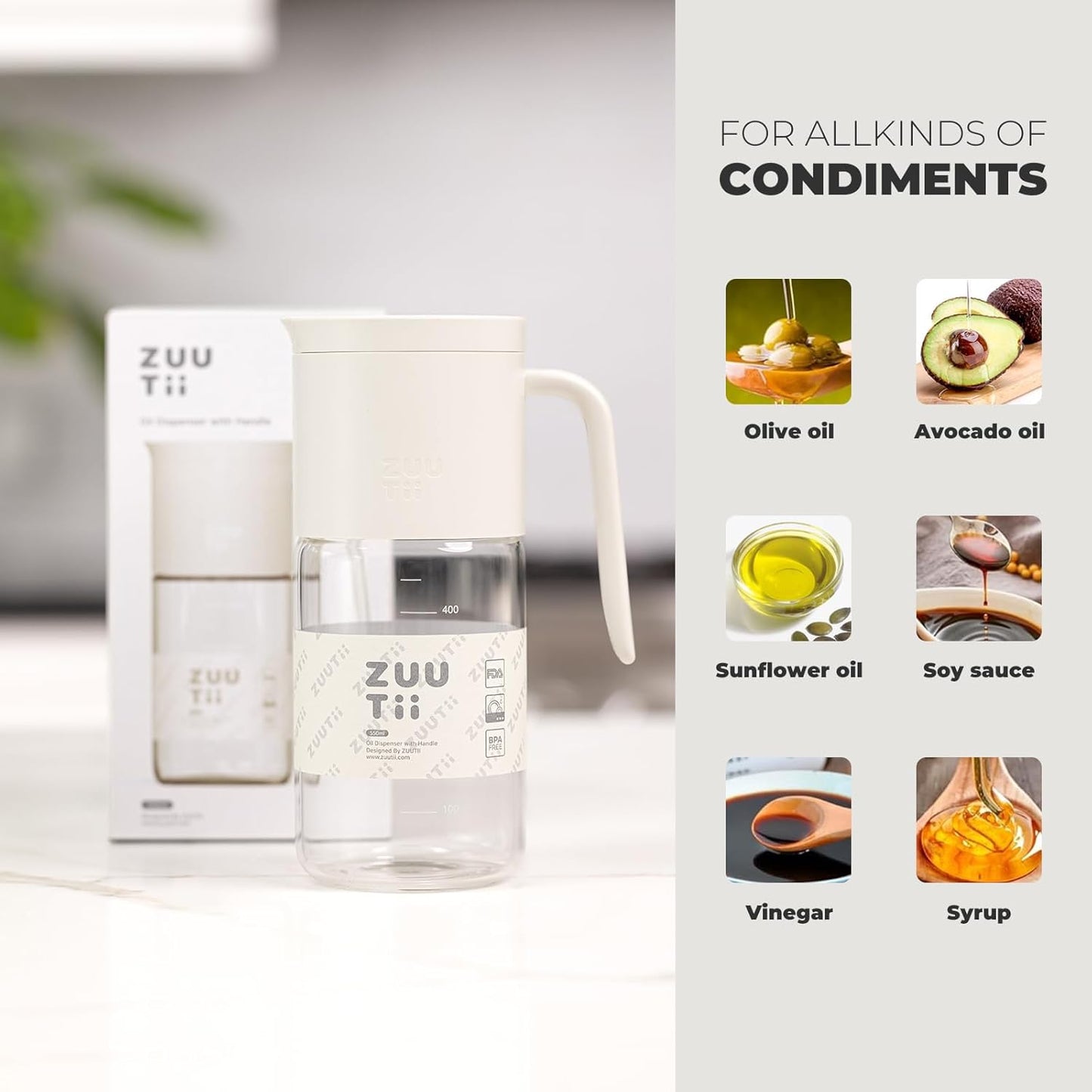 Zuutii Olive Oil Dispenser Bottle 18.6oz – Auto Flip Glass Vinegar Bottle with No-Drip Spout for