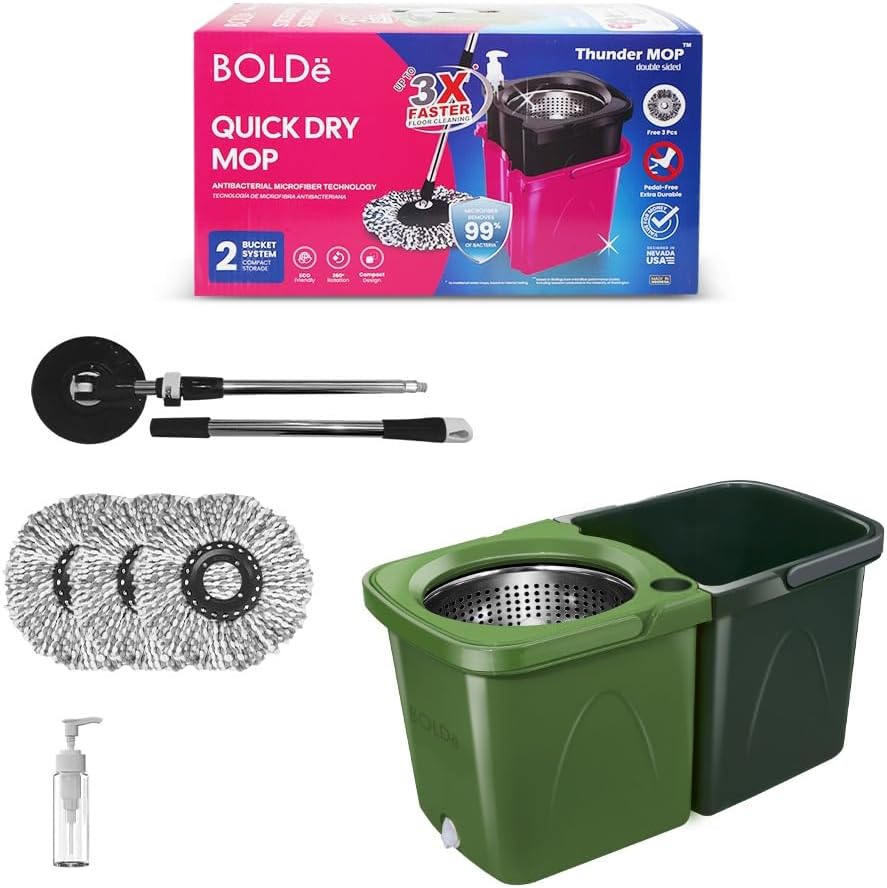 Thunder Mop Spin System - 2 Compact Stackable 6L Buckets, Microfiber Head, Stainless Steel Wringer