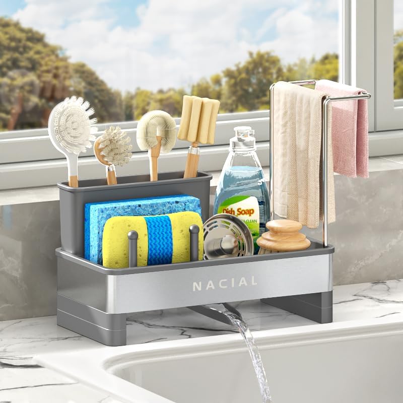 Nacial Sponge Holder for Kitchen Sink, Sink Caddy Organizer with High Brush Holder, Two Towel Racks