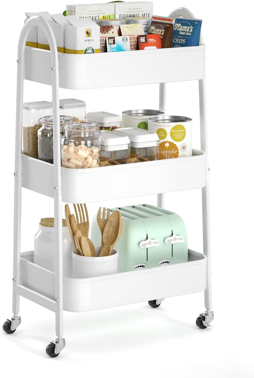 EAGMAK 3 Tier Utility Rolling Cart, Metal Storage Cart with Handle and Lockable Wheels