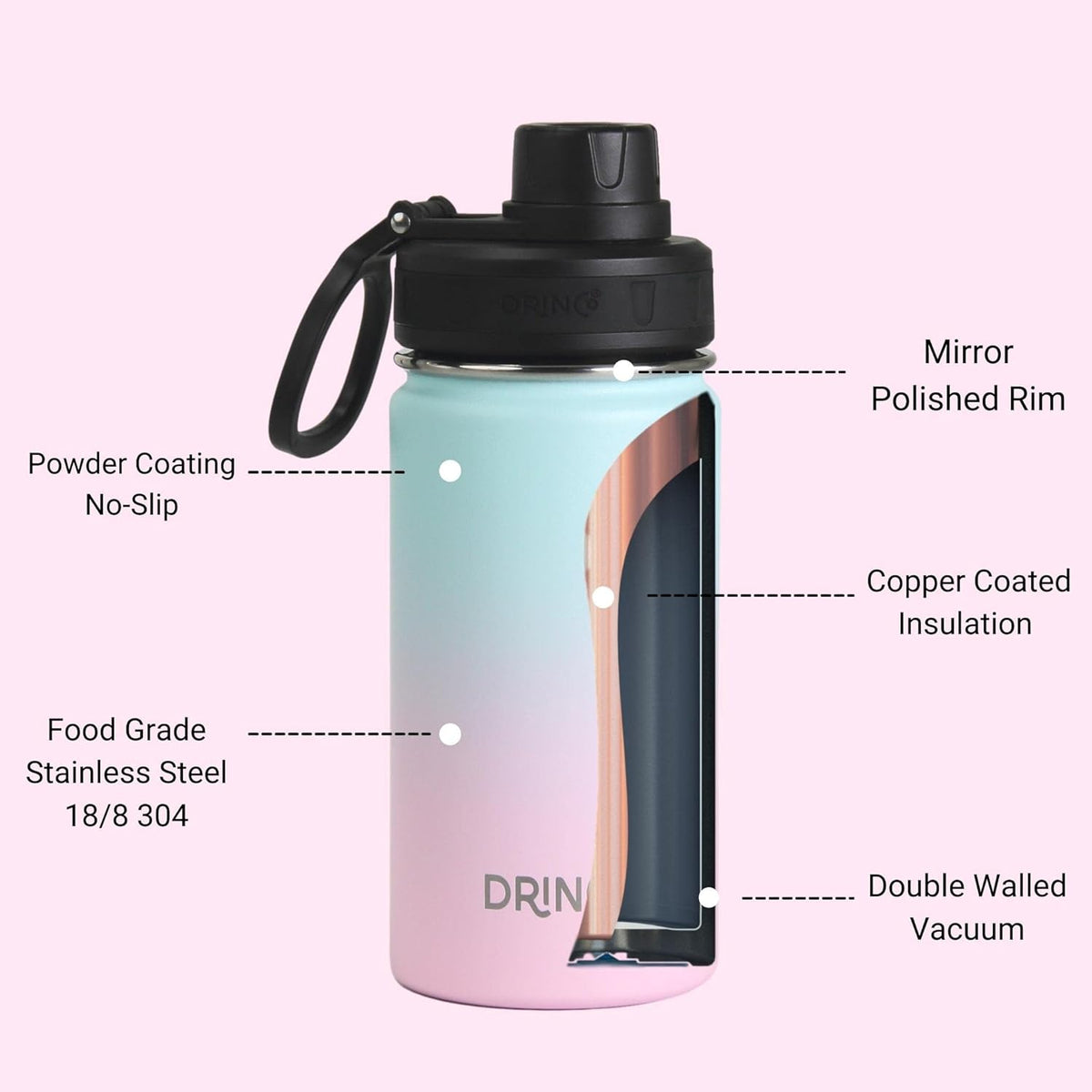 DRINCO Stainless Steel Water Bottle Spout Lid Vacuum Insulated Double Wall Water Bottle Wide Mouth