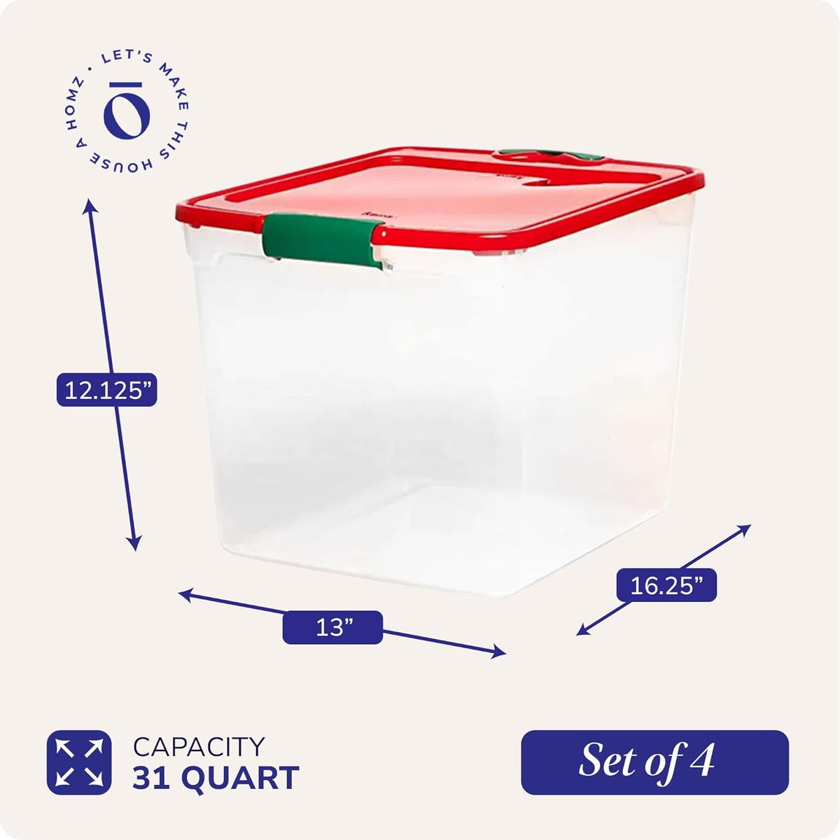 HOMZ 4-Pack Holiday Tote, Plastic Storage Organizer Bins with Lids, 31 Quart, Clear/Red - Stackable