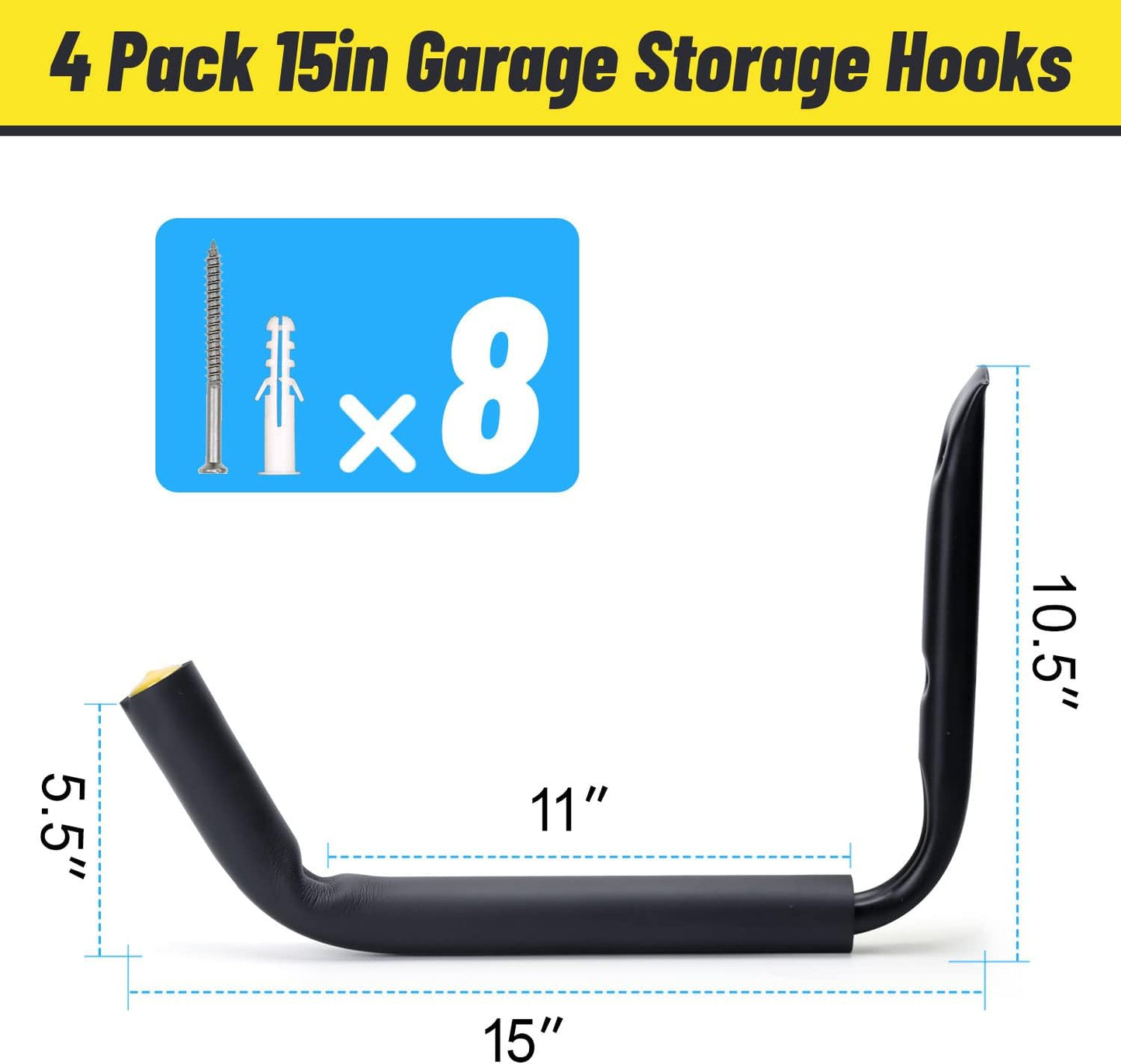 100 LB Capacity (15") Heavy Duty Garage Storage Hooks (4packs) Kayak Storage Hanger Wall Mounted