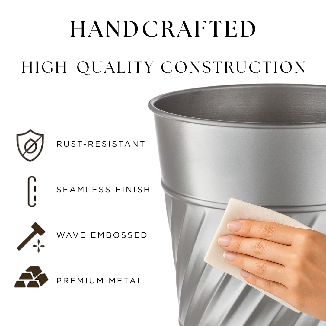 Monarch Abode Pewter Handcrafted Wave Embossed Metal Wastebasket for Home Office, Decorative Waste