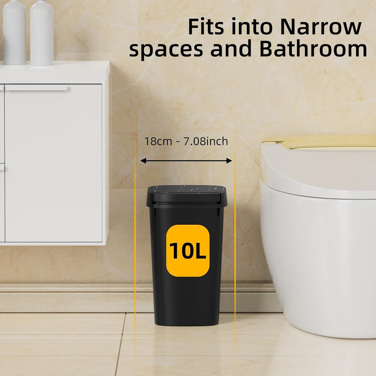 3 Pack Bathroom Small Trash Can with Lid, 2.6 Gallon Slim Garbage Bin with Pop-Up Lid, 10L Plastic