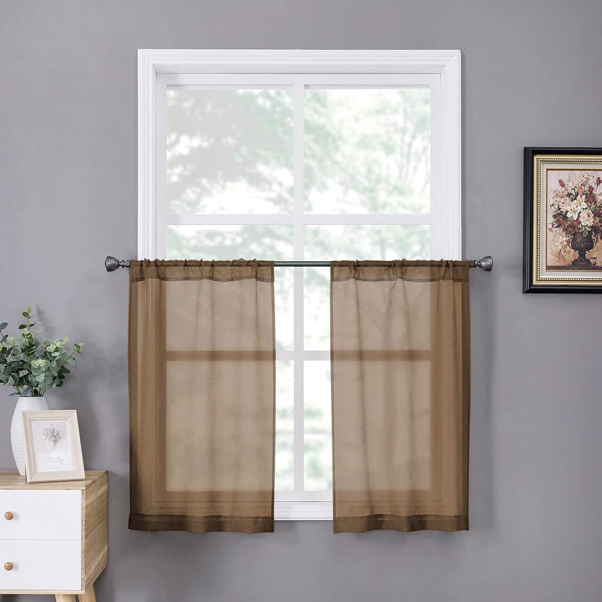 Tollpiz Short Sheer Tier Curtains Linen Textured Half Kitchen Curtain Sheers Light Filtering Rod
