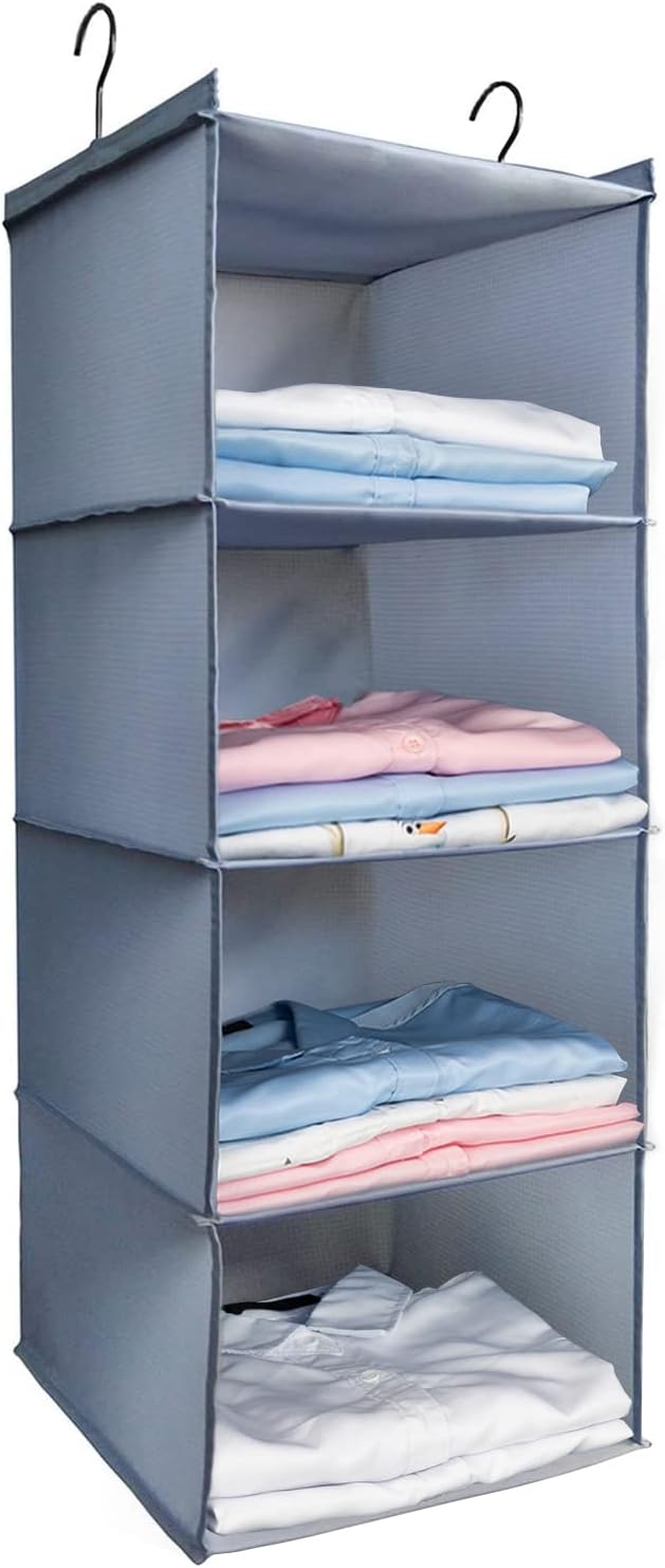 Hanging Closet Organizer, Easy Mount Foldable 4-Shelf Hanging Closet Wardrobe Storage Shelves