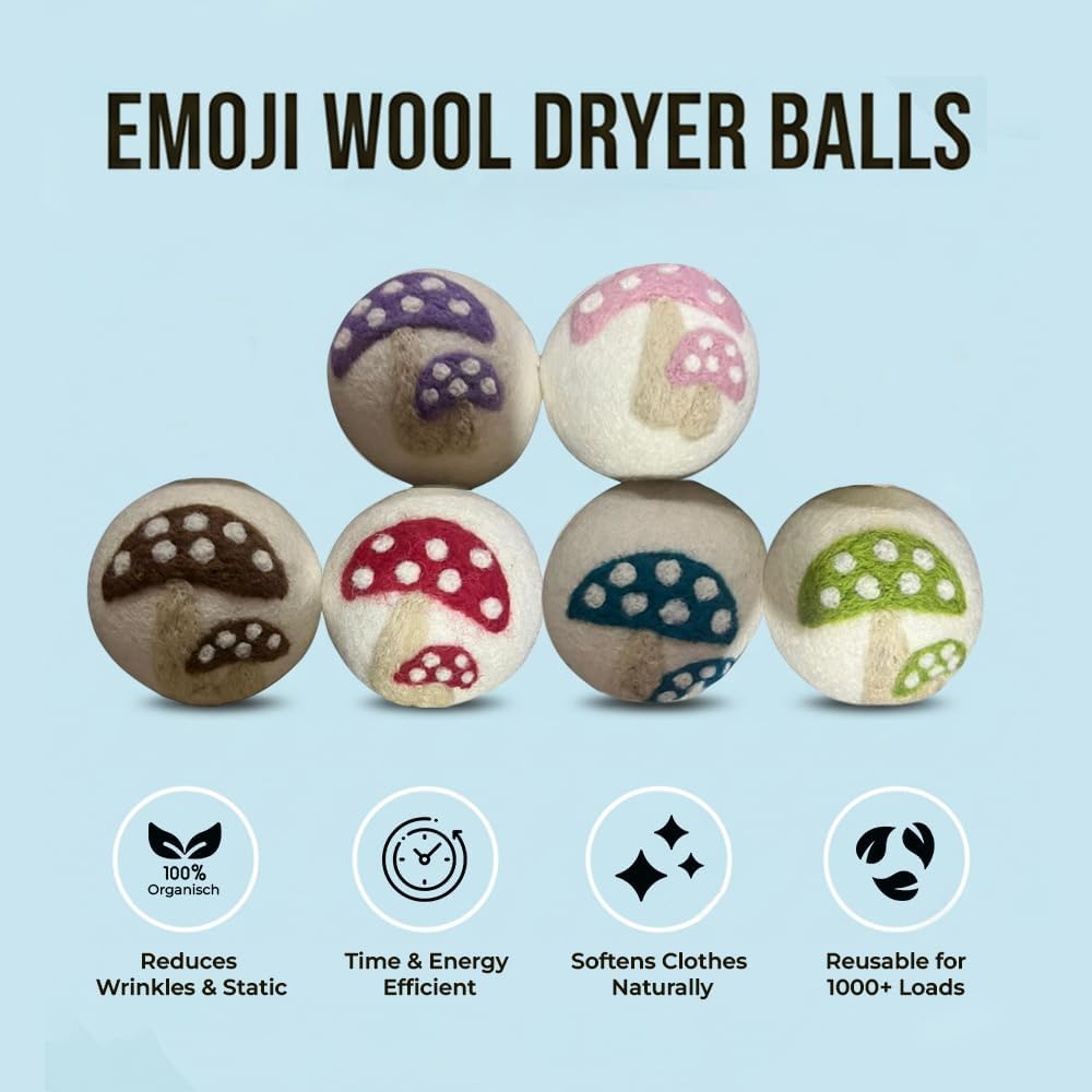 Ezhippie Quality Wool Dryer Balls - 6 XL Mushroom Pack - 1000+ Loads - Pure Organic Wool - Reusable