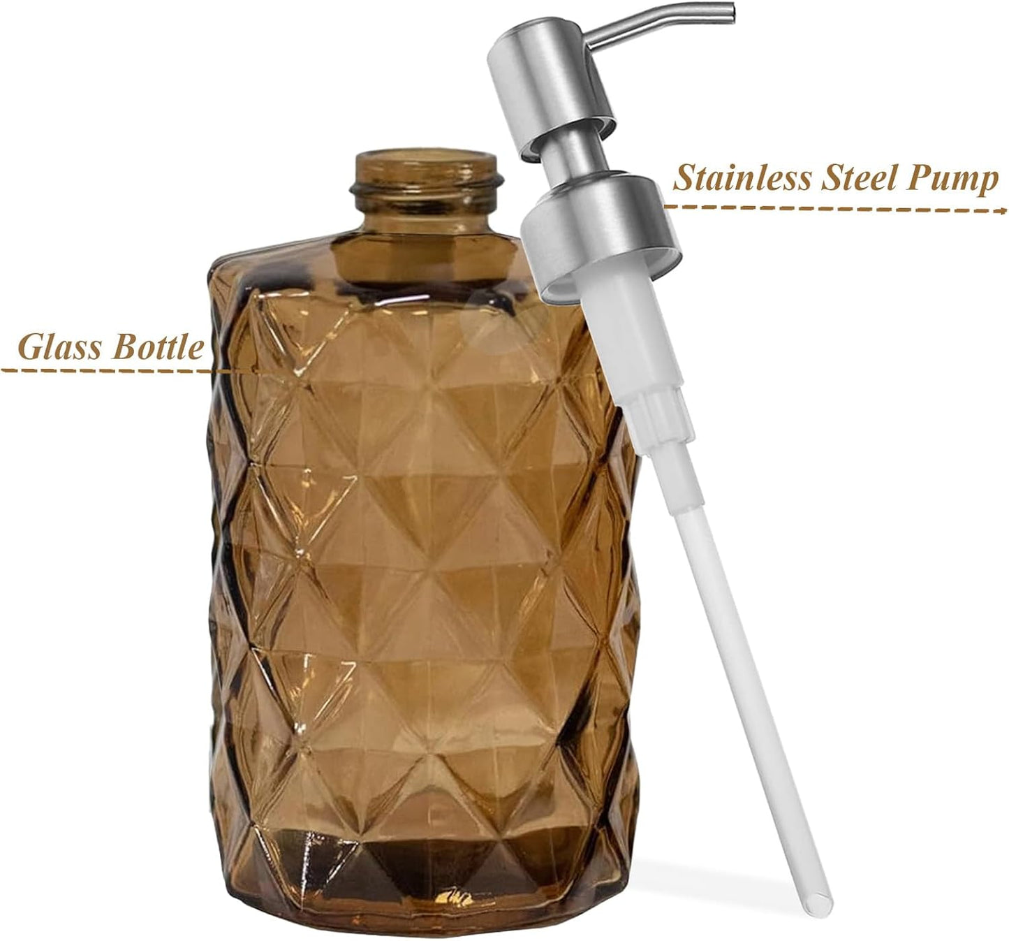 12Oz Brown Glass Soap Dispenser with Stainless Steel Pump, Refillable Kitchen Liquid Hand Soap