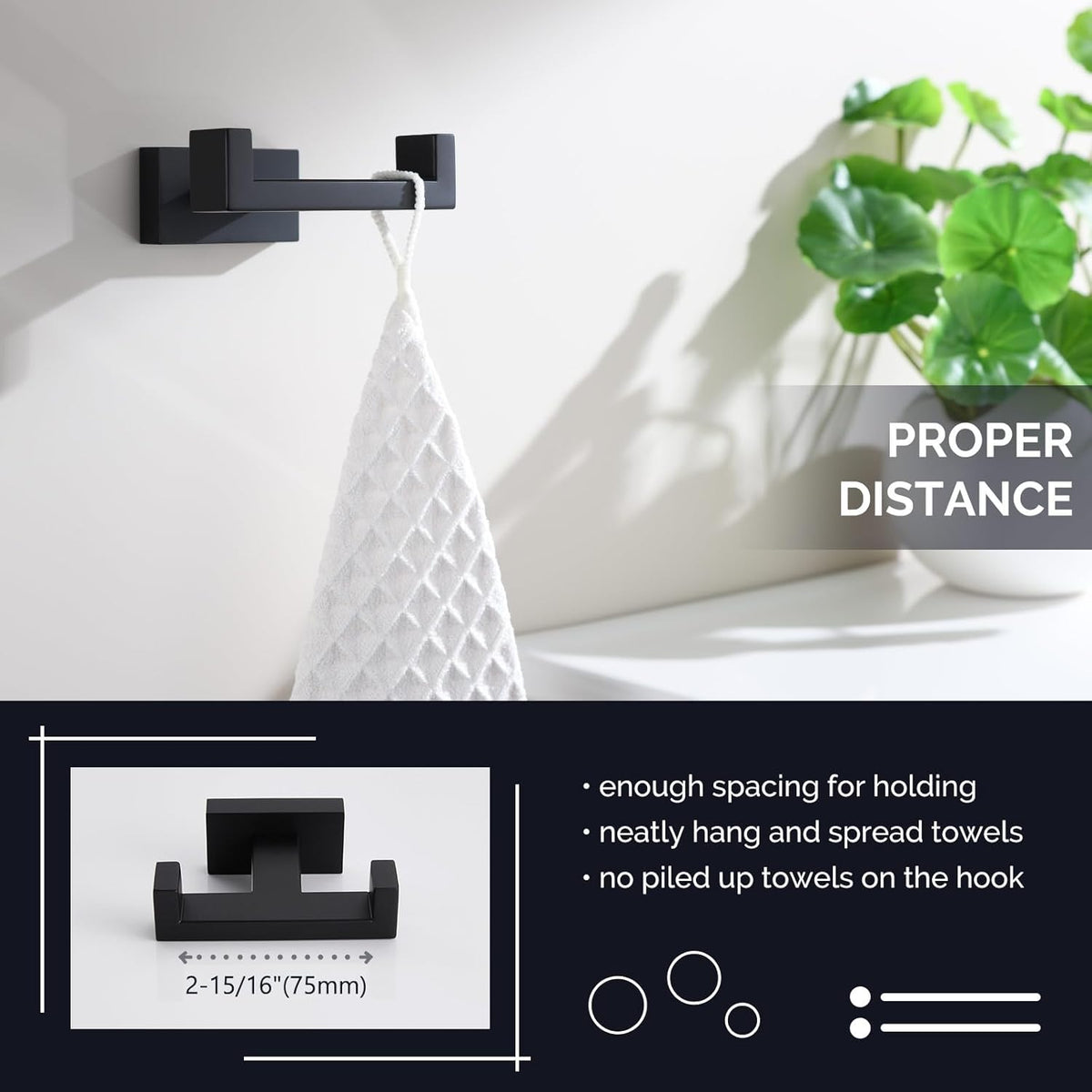 Angle Simple Double Towel Hook Matte Black, Stainless Steel Bathroom Towel Holder, Coat Robe Hook
