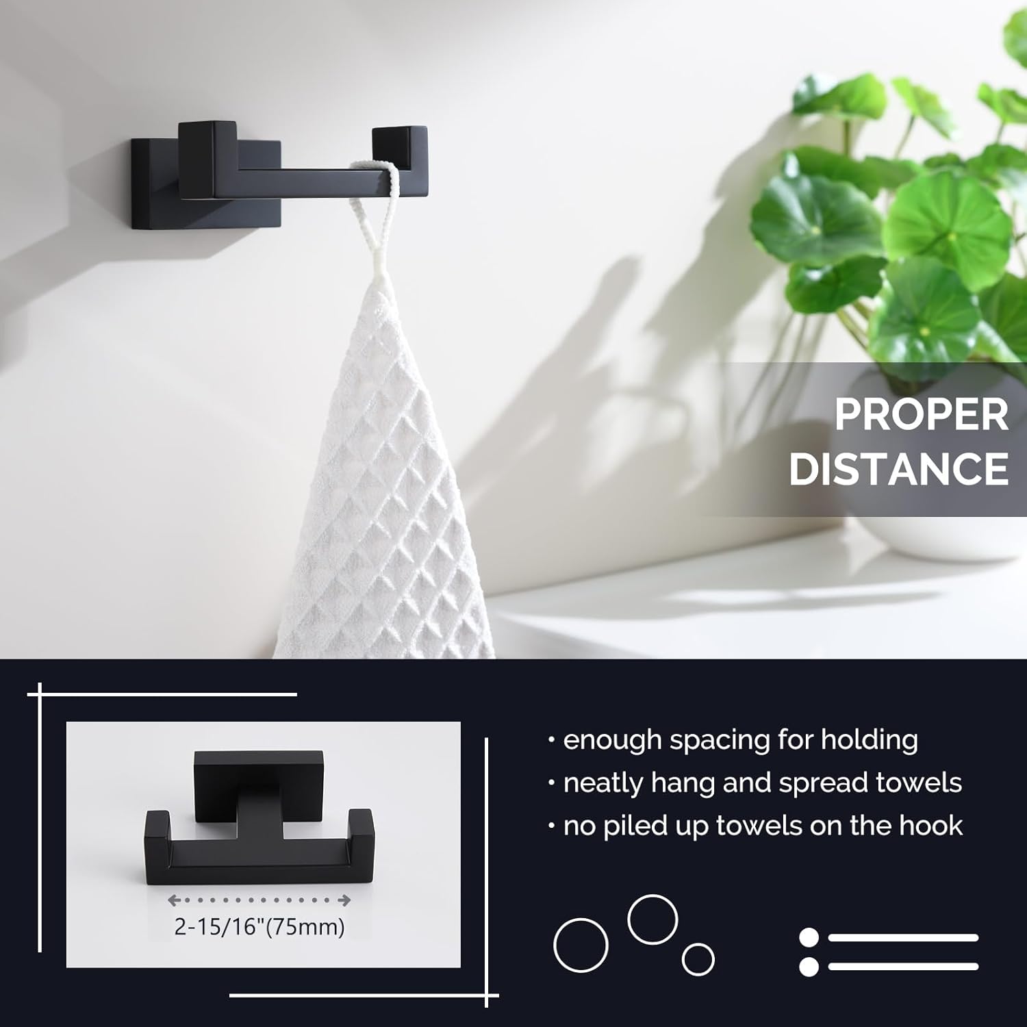 Angle Simple Double Towel Hook Matte Black, Stainless Steel Bathroom Towel Holder, Coat Robe Hook