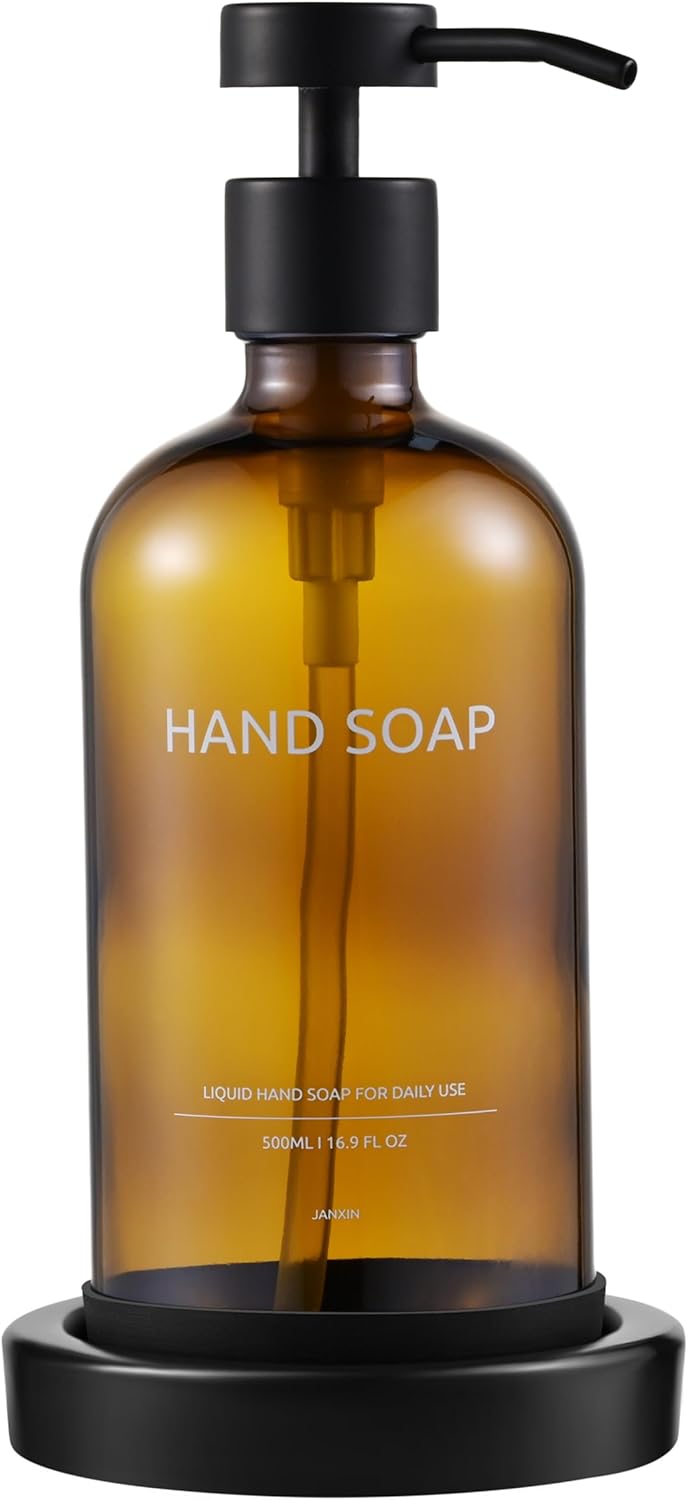 Glass Soap Dispenser Set by Janxin,Bathroom Soap Dispenser Set with Ceramic Tray,Luxury Bathroom