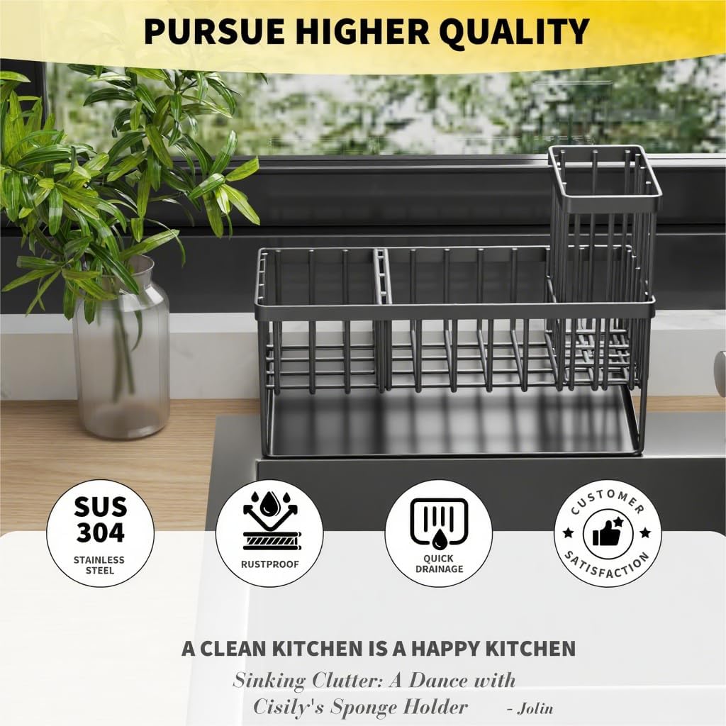 Cisily Sink Caddy Organzier with High Brush Holder, Sponge Holder for Sink, 304 Rustproof