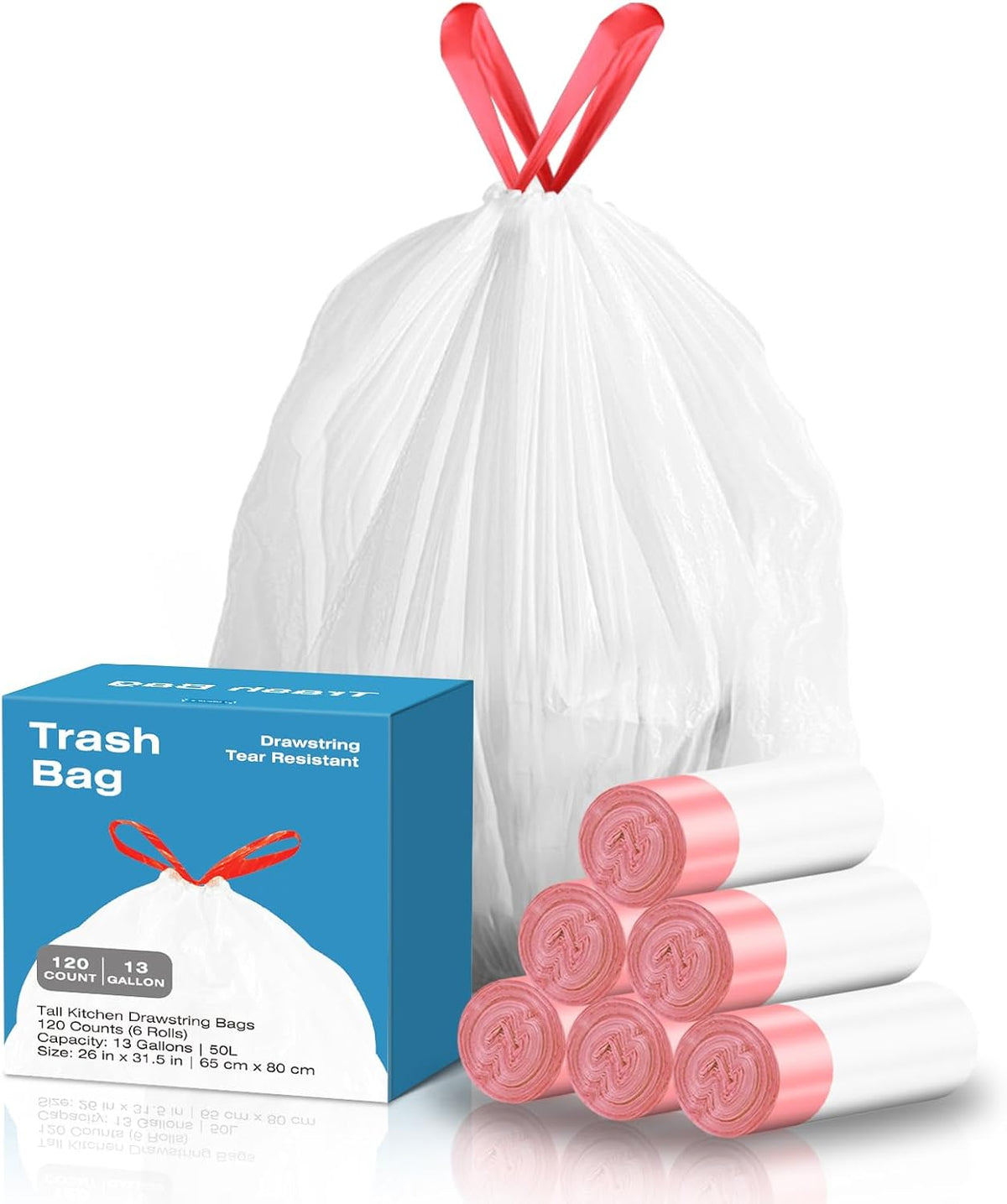 13.2 Gallon Tall Kitchen Drawstring Trash Bags, 120 Count Pre-separated Garbage Bags, Unscented