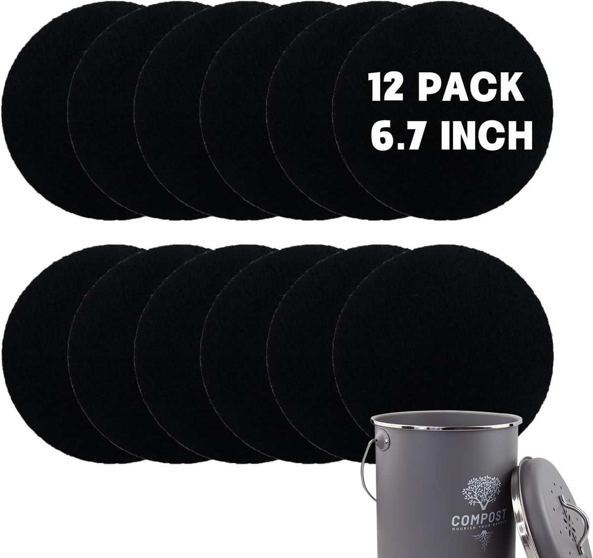 12 Pack - 6.7 Inch Round Compost Bin Charcoal Filters,Extra Thick Activated Carbon Charcoal Filters