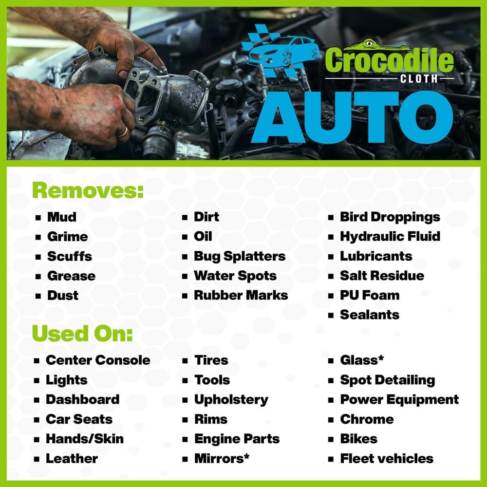 Crocodile Cloth Auto Cleaning Wipes – 100 XL (15" x 10") Disposable Wipes for Car Engine