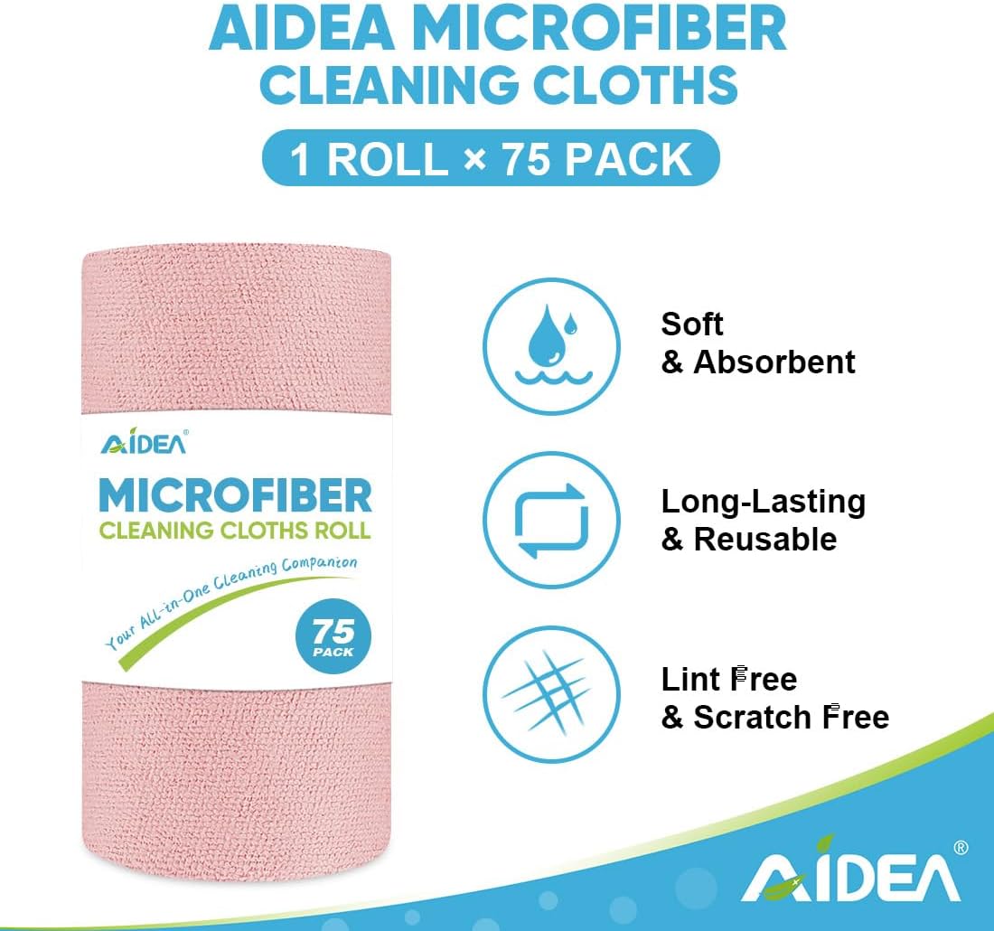 AIDEA Microfiber Cleaning Cloth Roll, 75PK, Tear Away Reusable Paper Towels, Pink Towels Lint Free