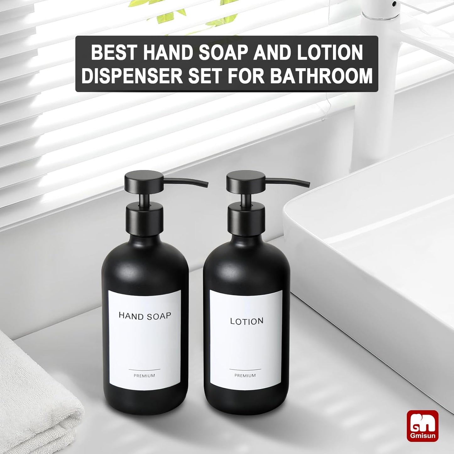 GMISUN Black Soap Dispenser, 2 Pack Matte Black Hand Soap Dispensers for Bathroom, 17 Fl Oz Glass