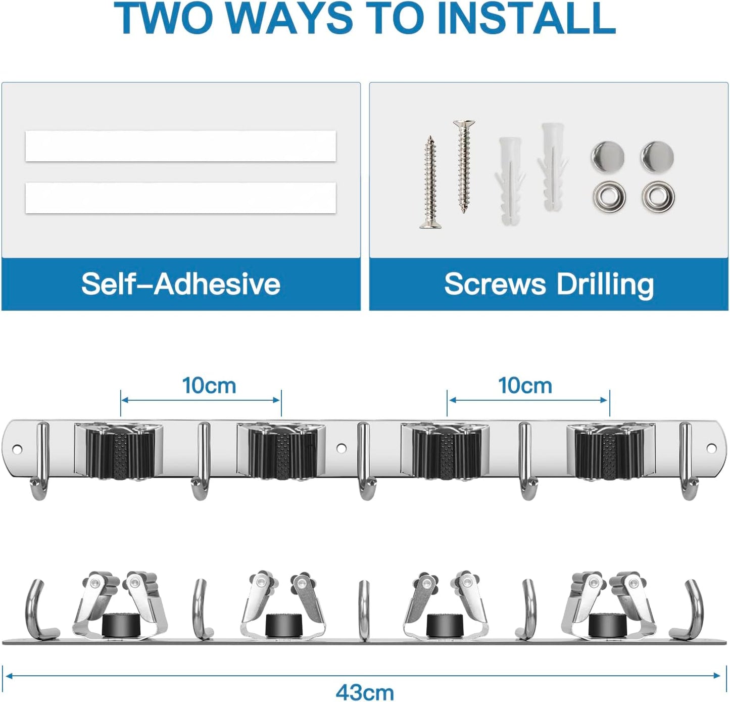 IMILLET 2 Broom Holder Wall Mounted, Stainless Steel Broom Mop Holder Self Adhesive Heavy Duty
