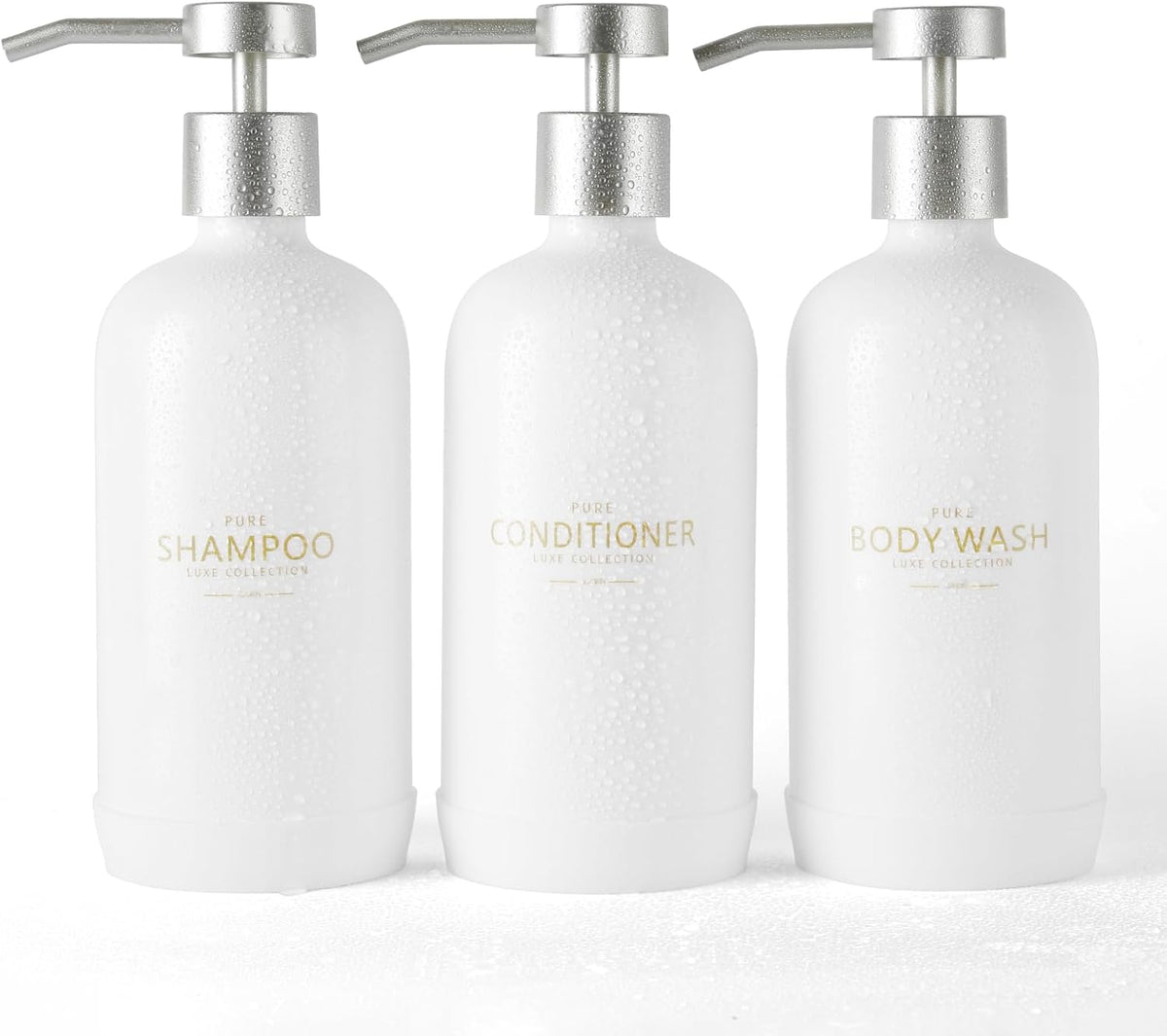 Shampoo and Conditioner Dispenser Set of 3,Refillable 21oz Shampoo Bottles with Non-Slip Protective