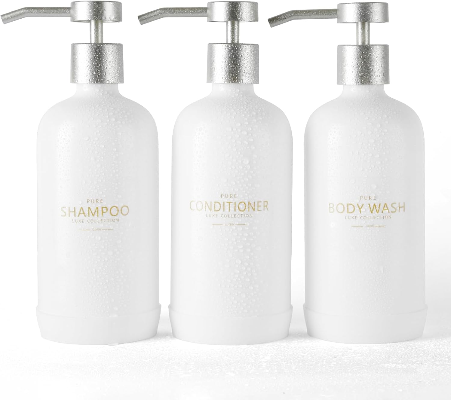 Shampoo and Conditioner Dispenser Set of 3,Refillable 21oz Shampoo Bottles with Non-Slip Protective
