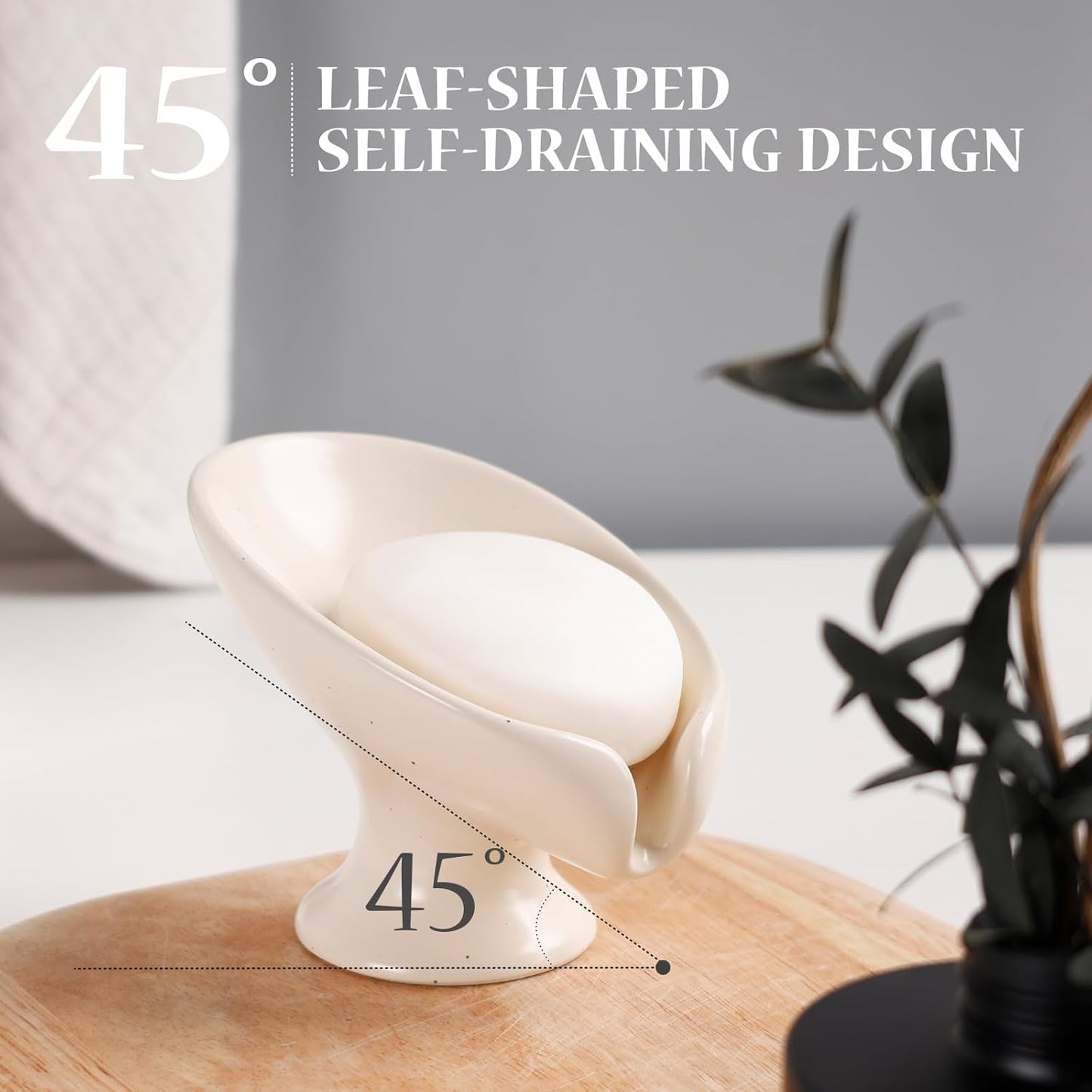 Soap Dish, Self Draining Bar Soap Holder for Bathroom Sink, Leaf Shaped Drainage Ceramic Speckled