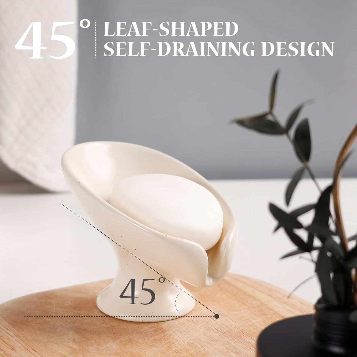 Soap Dish, Self Draining Bar Soap Holder for Bathroom Sink, Leaf Shaped Drainage Ceramic Speckled