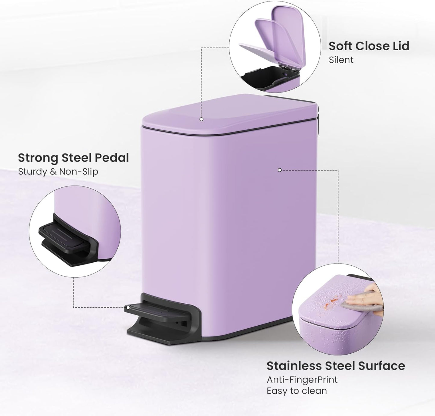 Cesun Small Bathroom Trash Can with Lid Soft Close, Step Pedal, 6 Liter / 1.6 Gallon Stainless