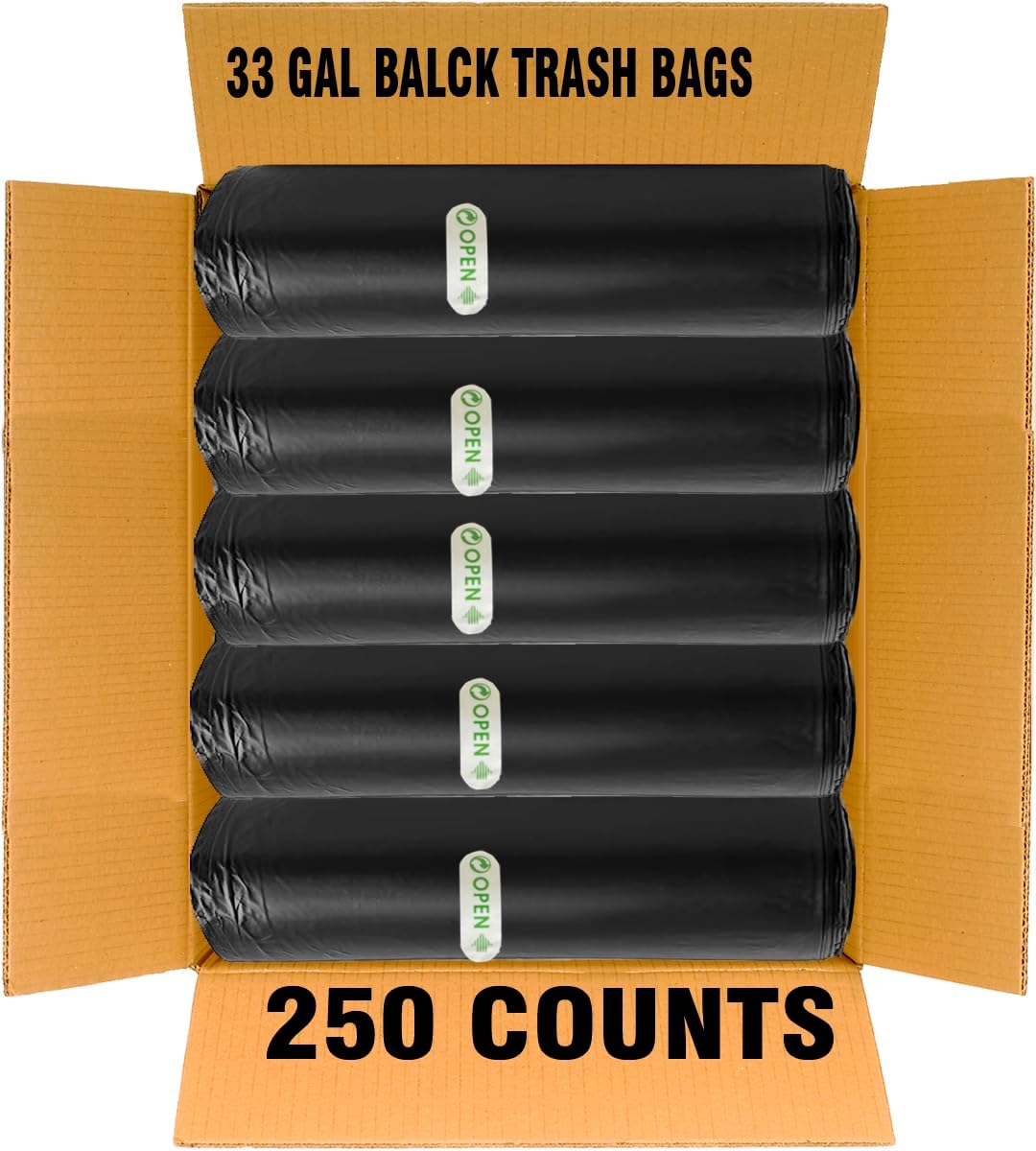 33 Gallon Trash Bags, 250 Count Bulk, Black Garbage bags, Multi-purpose Trash Can Bin Liners for