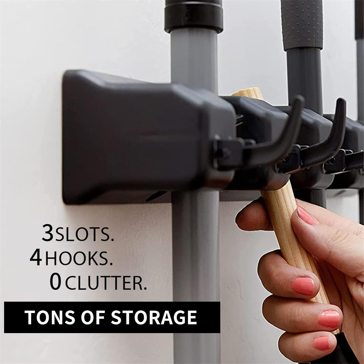 Broom and Mop Holder Wall Mount, Hooks Hanger for Mops and Broom, Organizer Kit with 3 Slots and 4