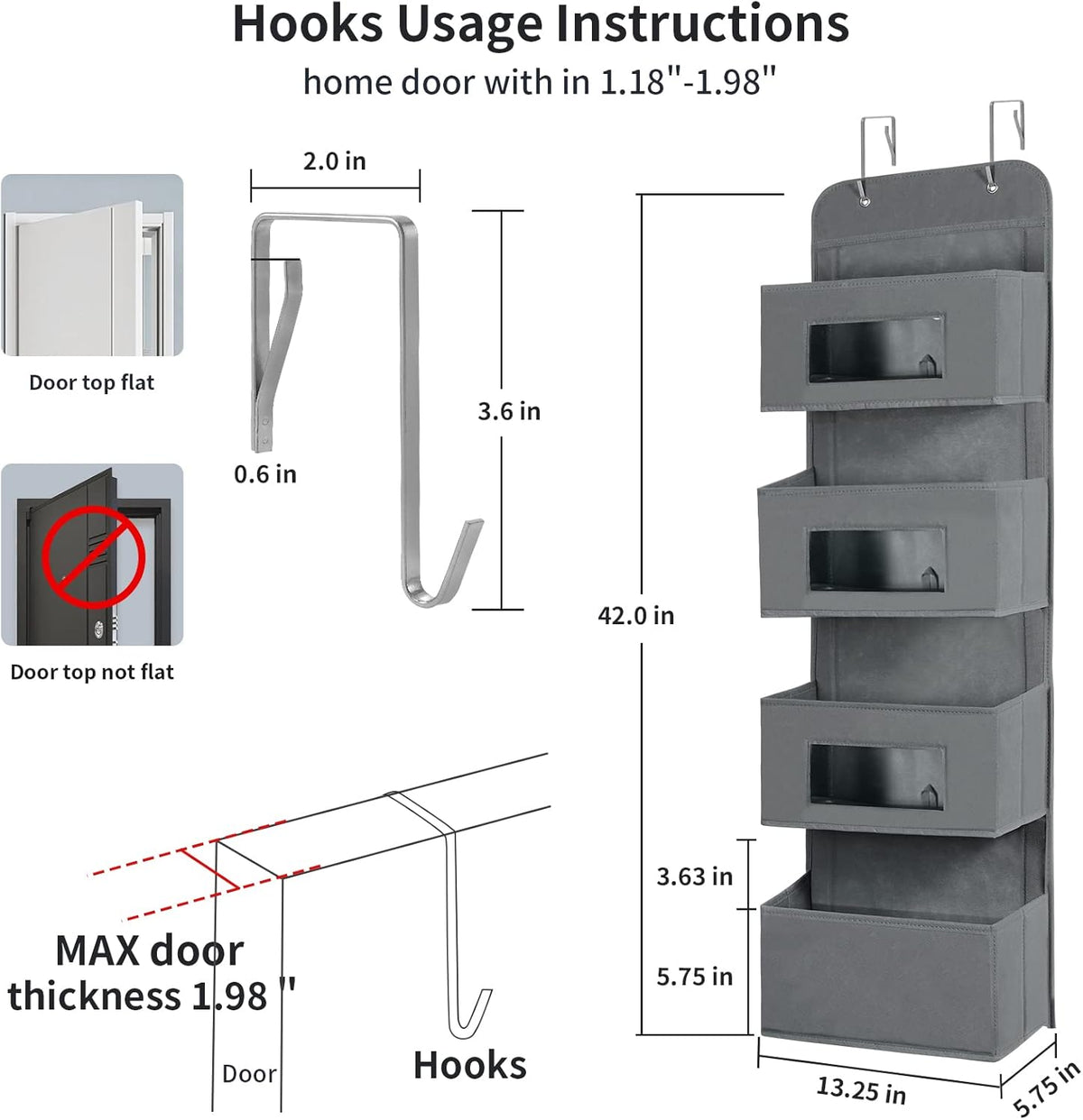 MAX Houser 4-Shelf Over The Door Hanging Organizer with 2 Metal Hooks,4 Pocket Over The Door Wall