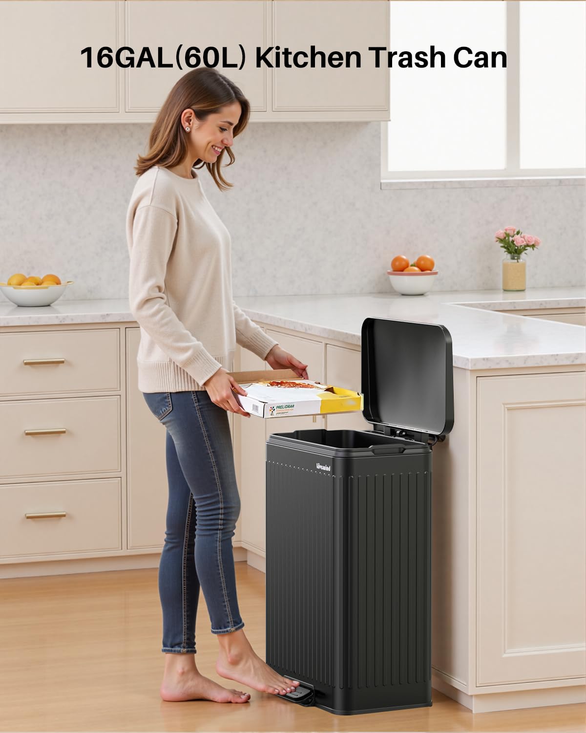 Lovewind 60 Liter/ 16 Gallon Stainless Steel Trash Can with Soft-Close Lid, Large Footstep Garbage