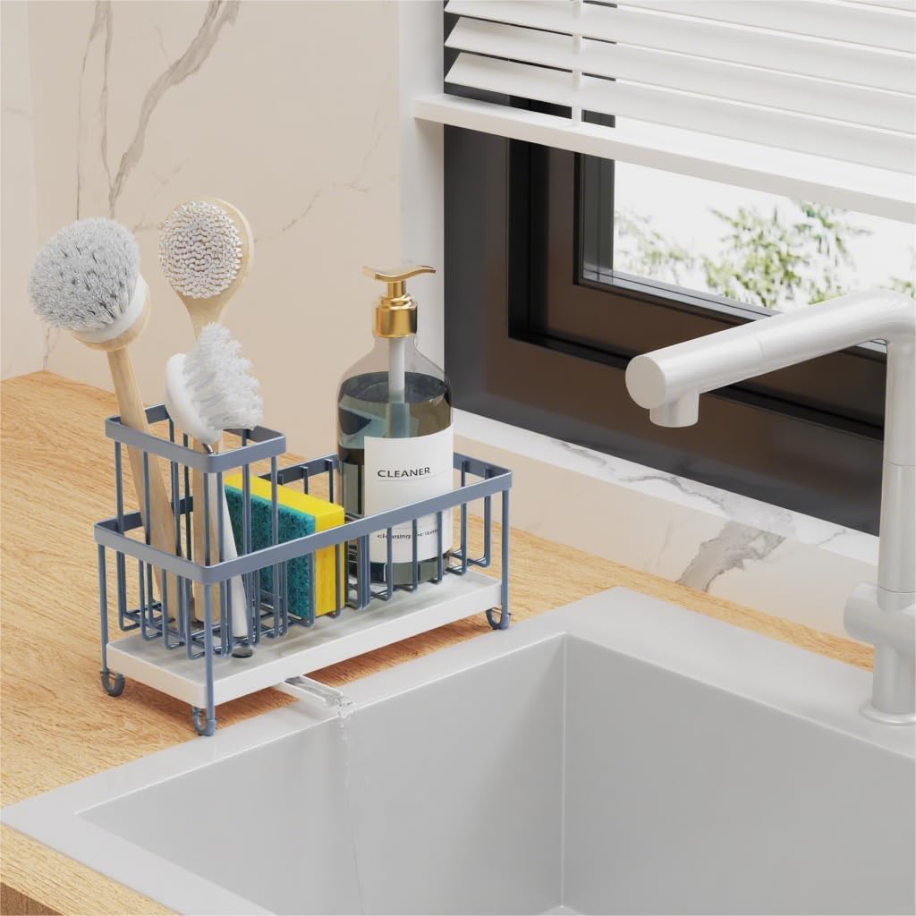 Cisily Blue Gray Sponge Holder for Kitchen Sink, Sink Caddy Organizer with High Brush Holder