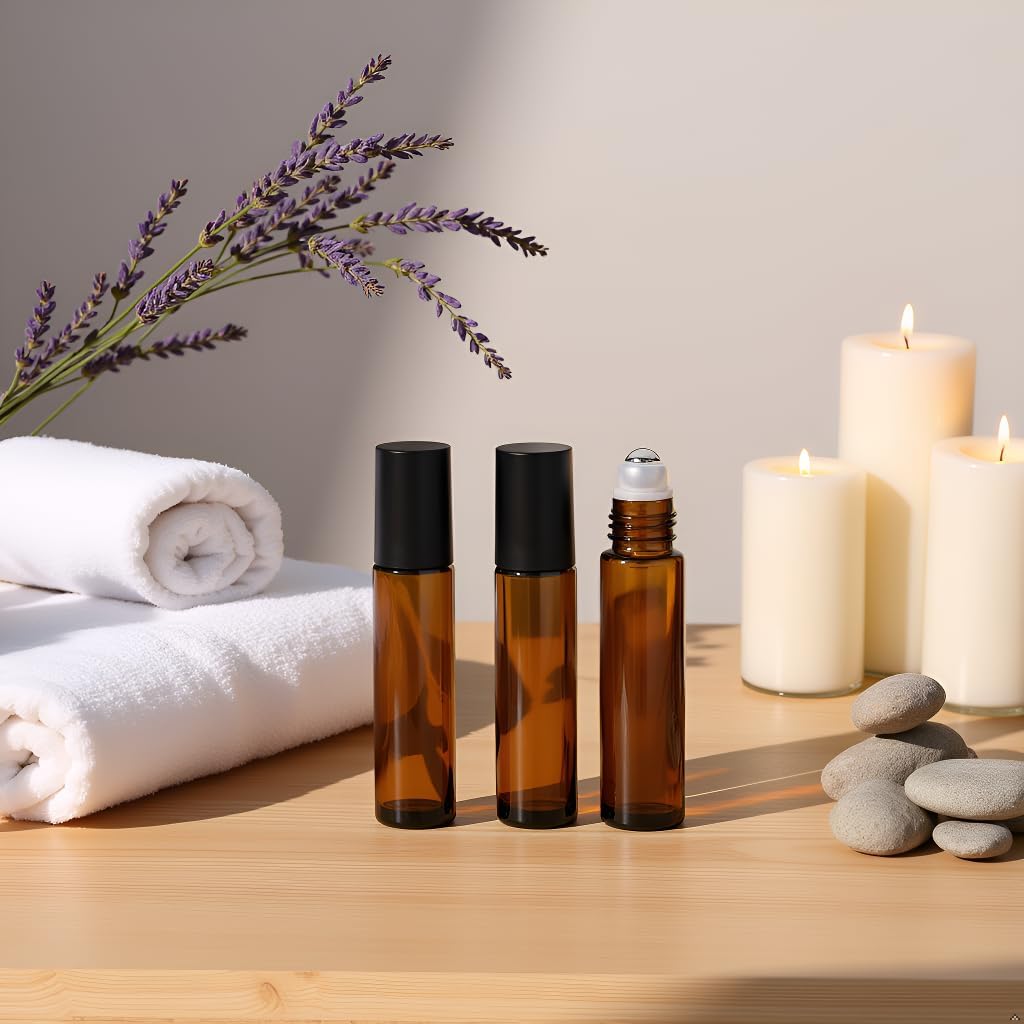 4 Pack 10ml Oil Essential Stainless Roller Bottles, Refillable Amber Glass Roller Bottles for
