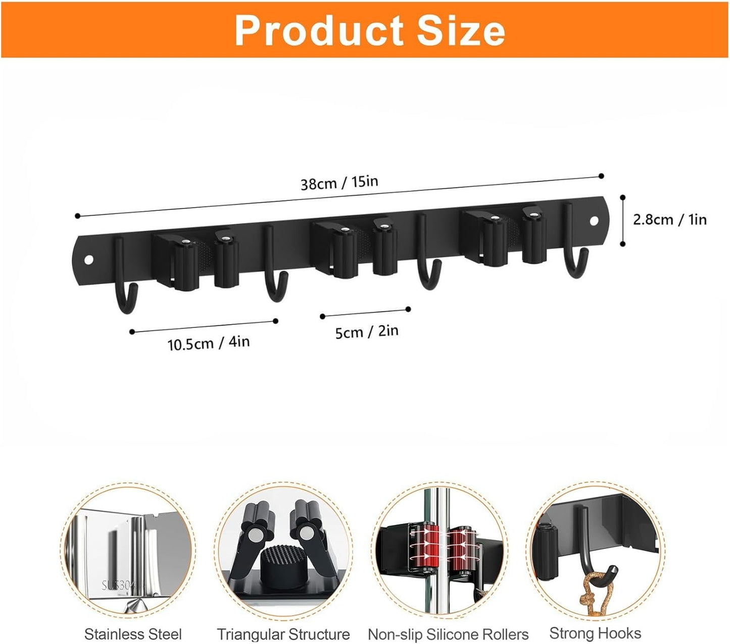 Mop and Broom Holder Wall Mount, Upgraded Broom Organizer Wall Mount, Stainless Steel Broom Hanger