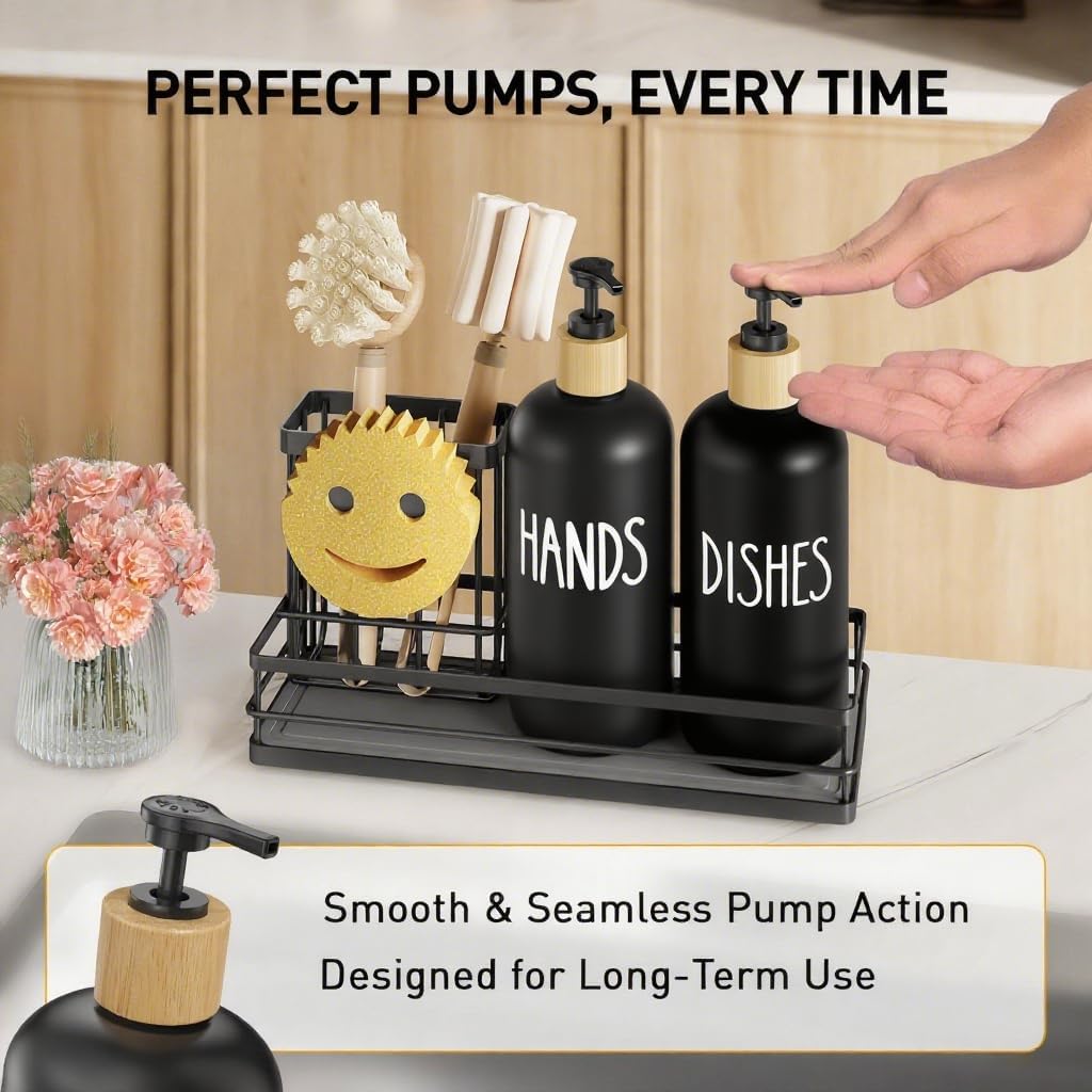 Moforoco Kitchen Dish Soap Dispenser Set, 16OZ Glass Bottle, Hand and Dish Soap Dispenser Set