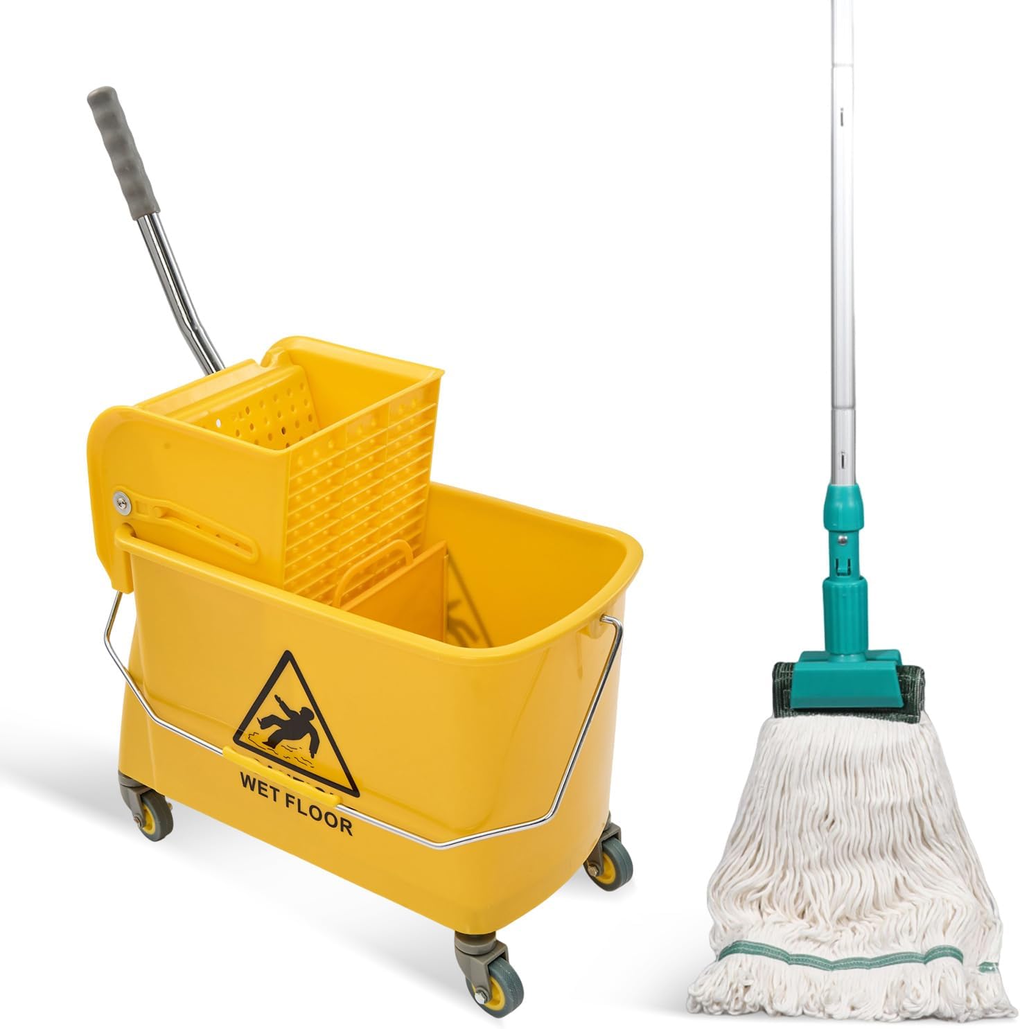 22 Qt (5.5 Gallon) Mop Bucket with Wringer for Floor Cleaning, Handle, Wheels, 16.5" L x 10.6" W x
