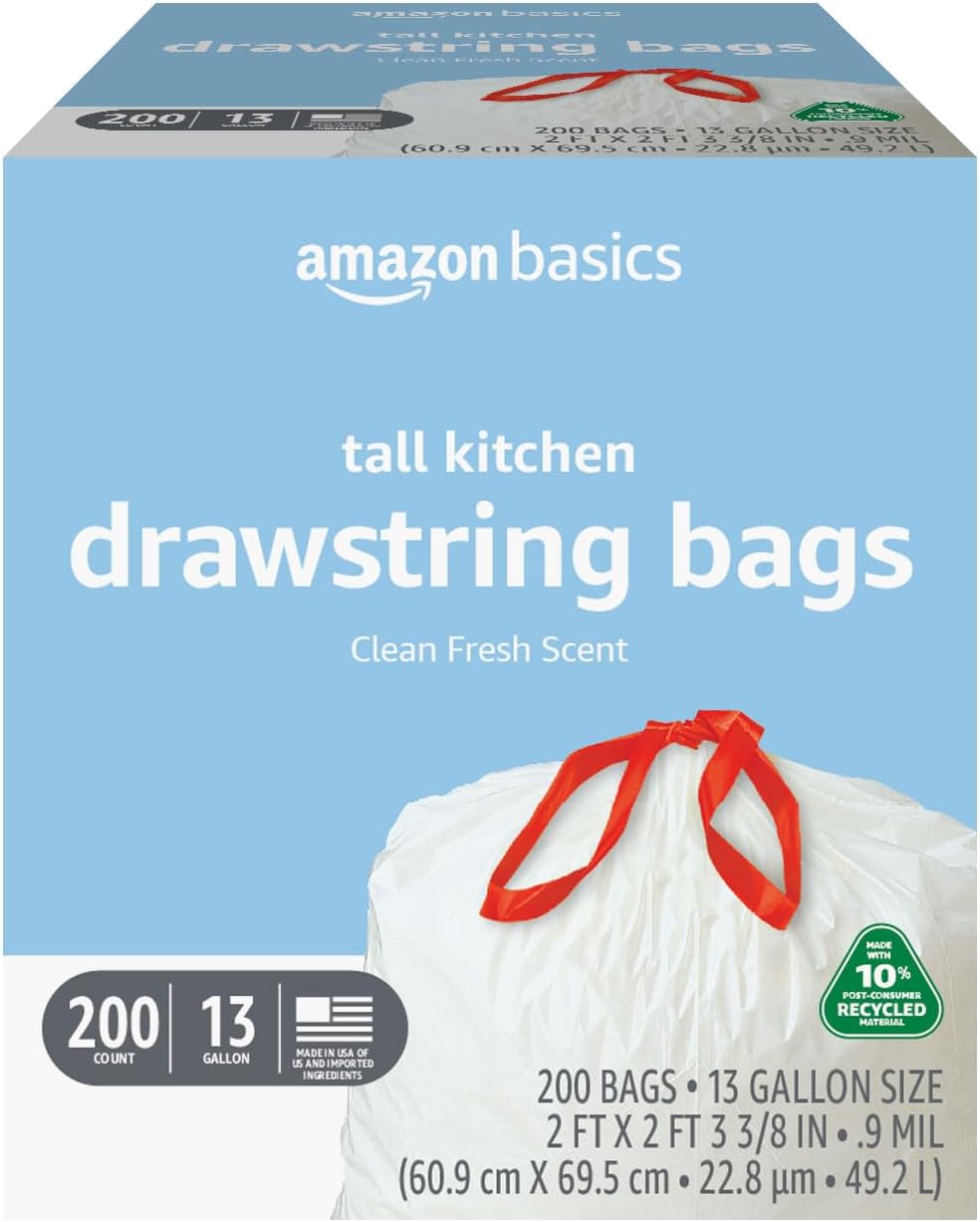 Amazon Basics 13 Gallon Tall Kitchen Drawstring Trash Bags, Clean Fresh Scnet, 10% Post Consumer