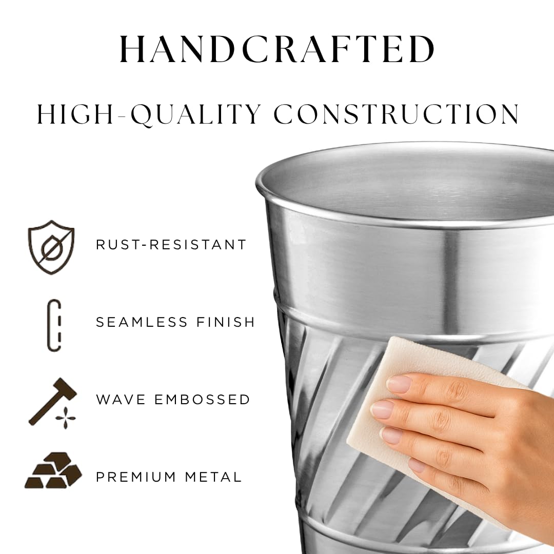 Monarch Abode Nickel Chrome Handcrafted Wave Embossed Metal Wastebasket for Home Office, Decorative