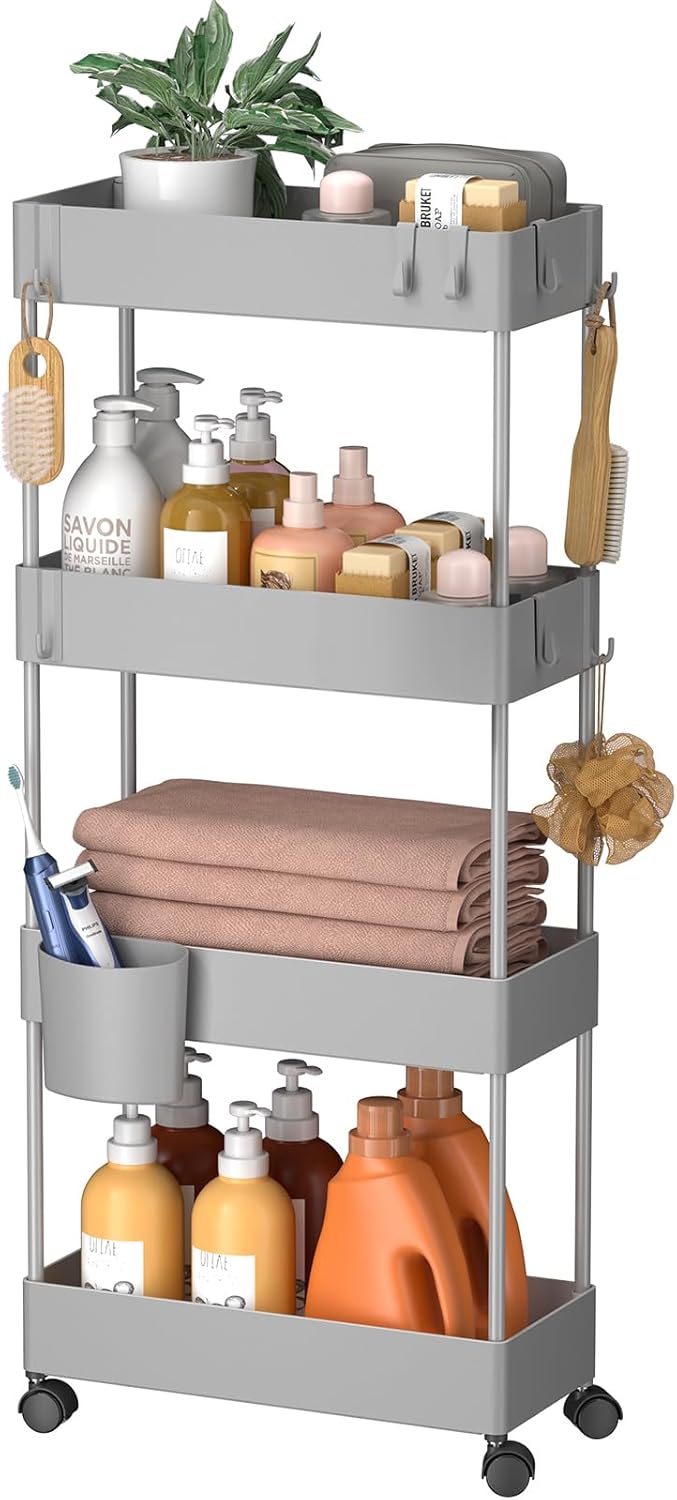 Pipishell Slim Storage Cart with Wheels, 4 Tier Bathroom Storage Organizer Rolling Utility Cart for
