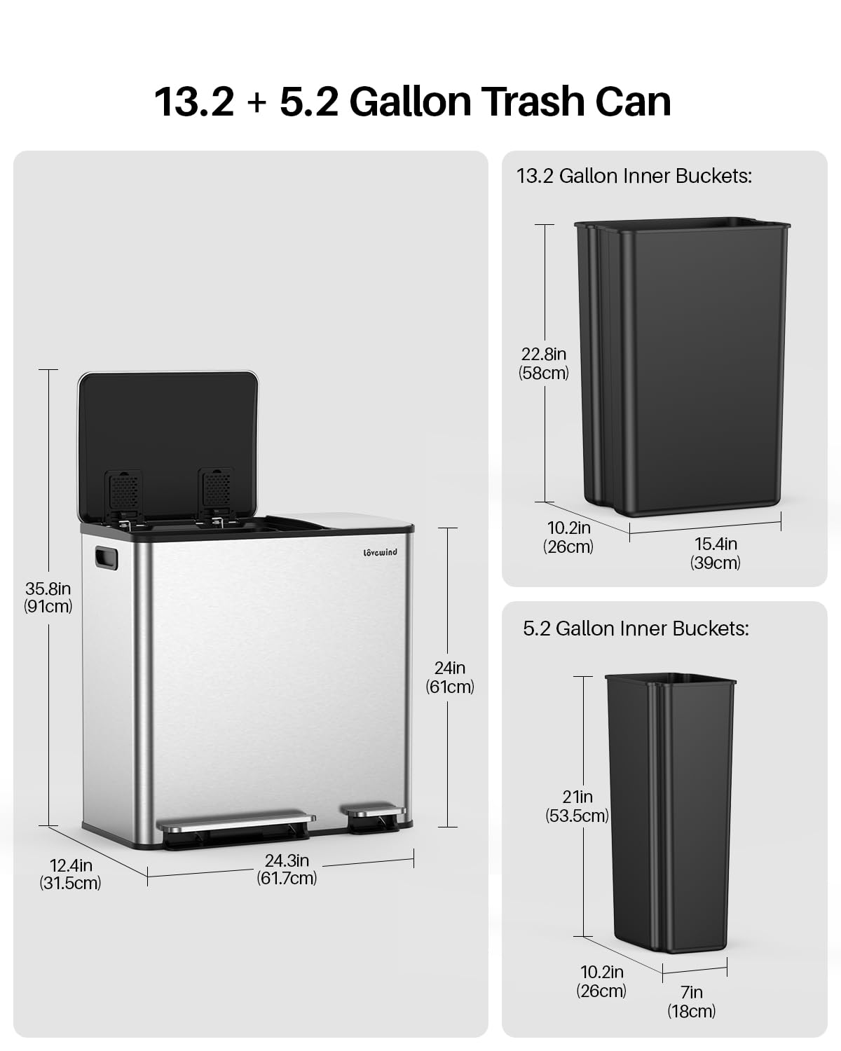 Dual Trash and Recycling Bins for Kitchen, 13.2 + 5.2 Gal (50+20L) Stainless Steel Trash and