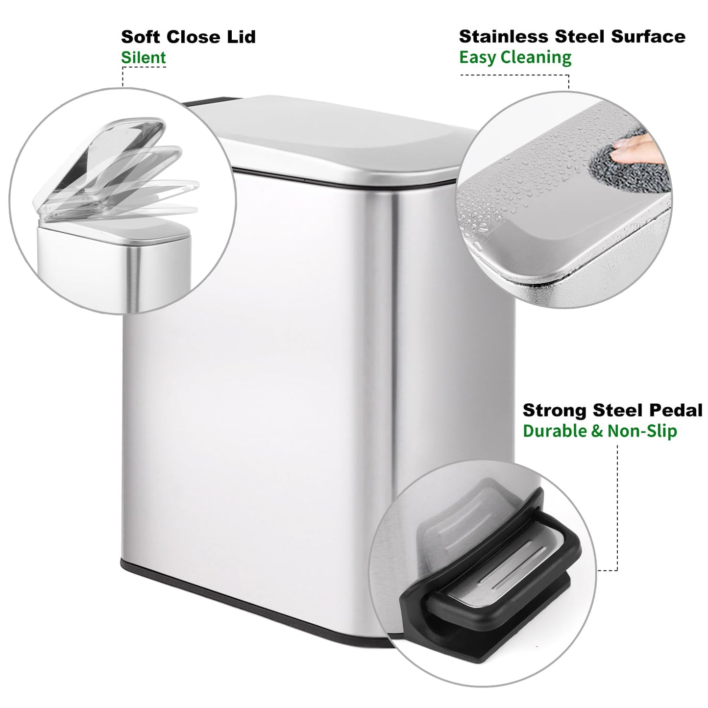 TIPGO Slim Bathroom Trash Can with Lid Soft Close, Step Pedal, 6 Liter / 1.6 Gallon Stainless Steel
