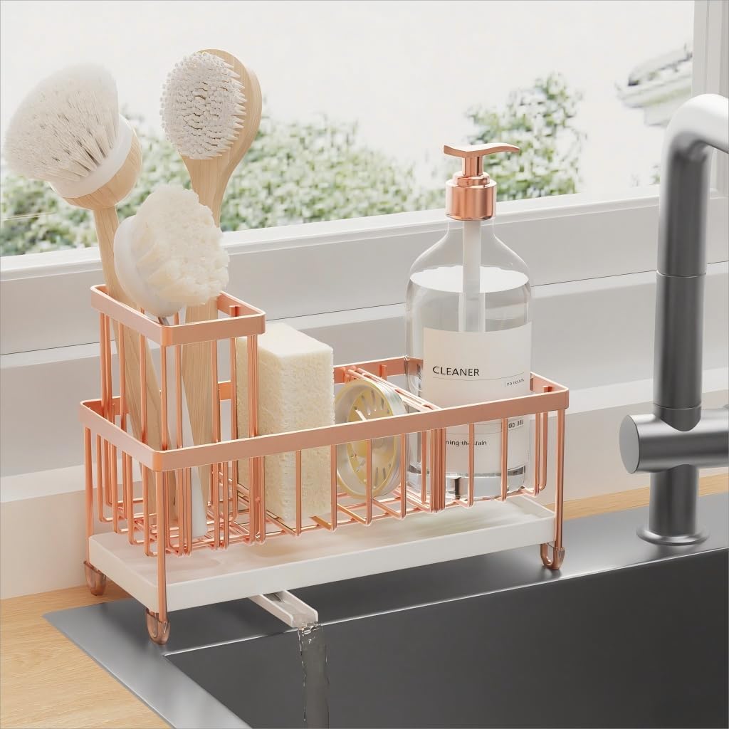 Cisily Rose Gold Sponge Holder for Kitchen Sink, Sink Caddy Organizer with High Brush Holder