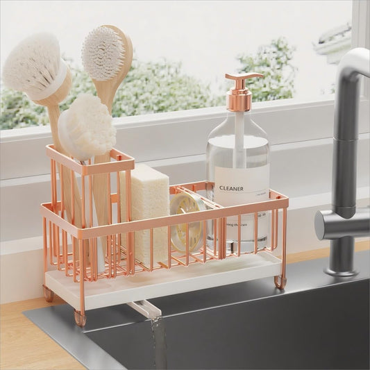 Cisily Rose Gold Sponge Holder for Kitchen Sink, Sink Caddy Organizer with High Brush Holder