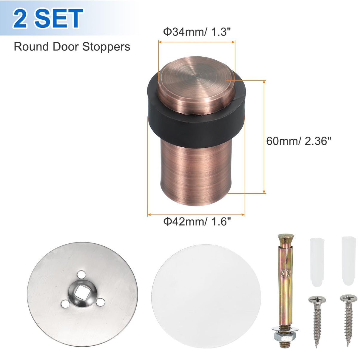 PATIKIL 2Set Round Door Stoppers, 60mm Stainless Steel Door Stop Doorstop Wedge Metal Cylinder Self