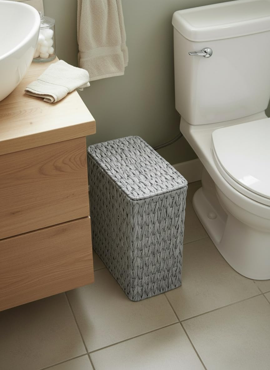 3 Gallon Wicker Trash Can,Grey Bathroom Trash Cans with Lid,Waterproof Slim Waste Basket for