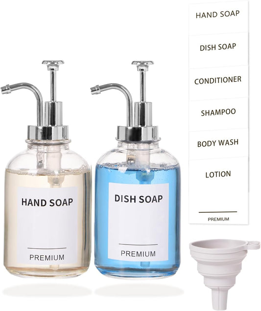 12oz Dish Soap Dispenser for Kitchen, Hand Glass Soap Dispenser Set with Pump, Tray, Funnel for